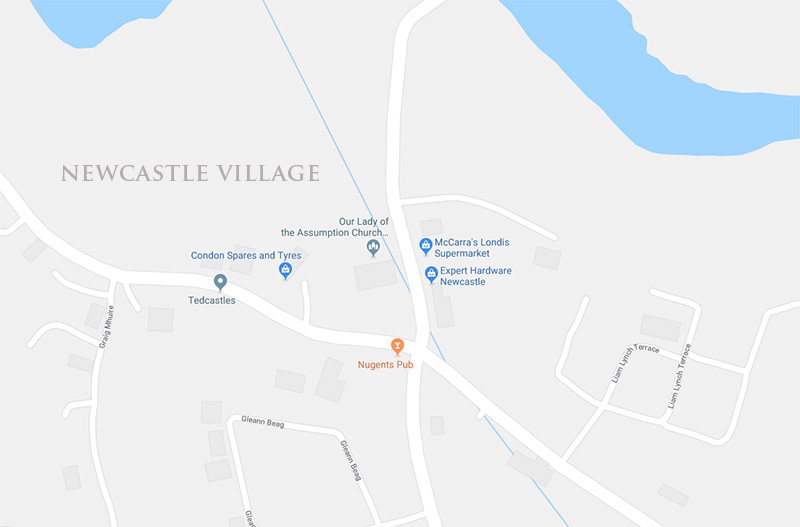 Map of Newcastle Village Tipperary. Shops, Bars and Church